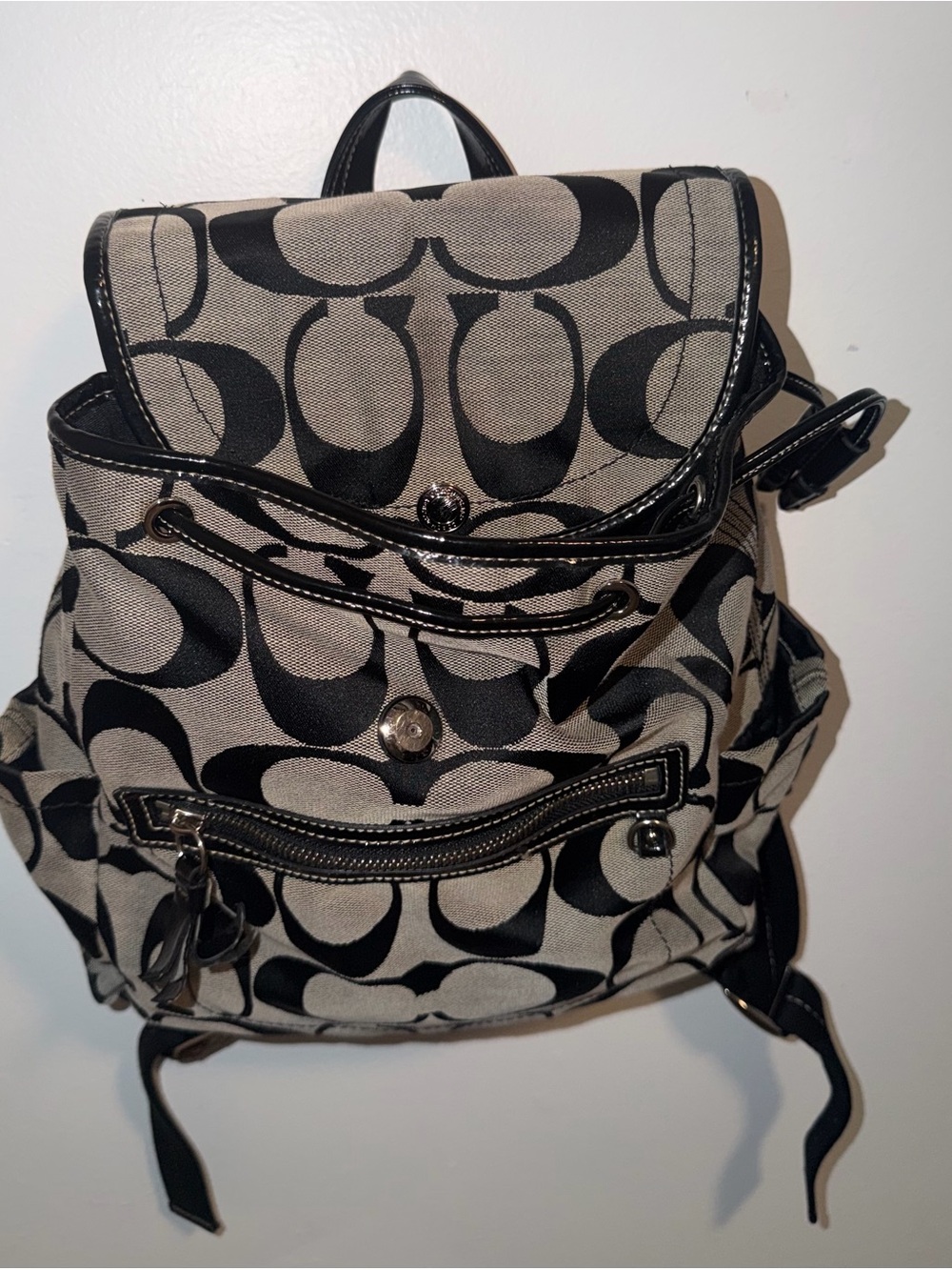 Coach Daisy Kyra Backpack Women's Beige Canvas Jacquard Logo Shoulder Straps